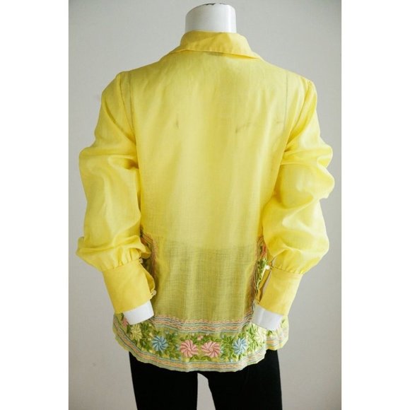 Vintage 70s Yellow Floral Embroidered Long Sleeve button down  Blouse Top S - Picture 9 of 9